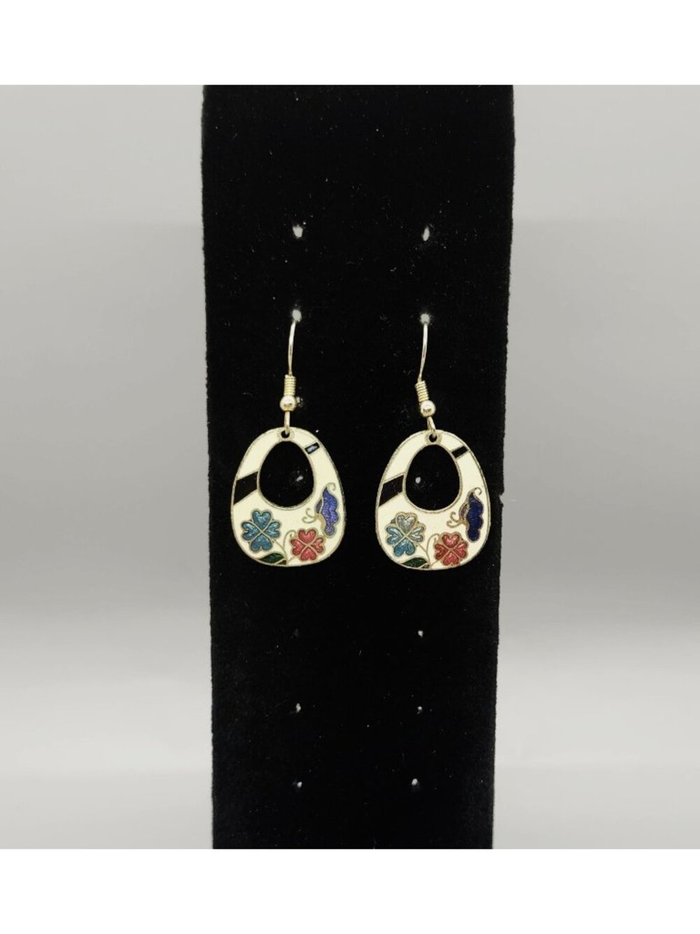Floral Cloisonné Dangle Earrings 1.75" Drop Gold Tone Enamel Fashion Jewelry